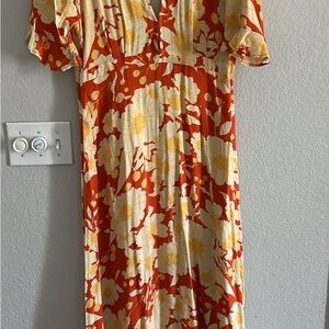 Orange Floral V-Neck Midi Dress with Cream Accents